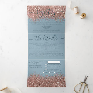 Invitation Trois Volets Rose Gold Dusty Blue Parties scintillant registre 
