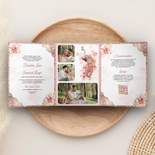 Invitation Trois Volets Rose Gold Lace Florale Indien Paon Mariage