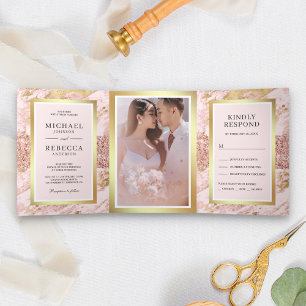 Invitation Trois Volets Rose Gold Pailleté Blush Rose Marbre Photo Mariage