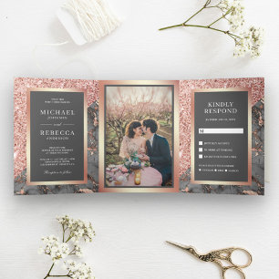 Invitation Trois Volets Rose Gold Pailleté Gris Ardoise Marbre Photo Maria