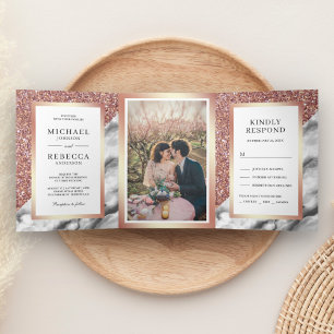 Invitation Trois Volets Rose Gold Parties scintillant Gris Marbre Photo Ma