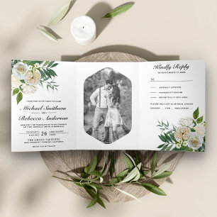 Invitation Trois Volets Rose ivoire Botanique Photo Blanc Floral Mariage