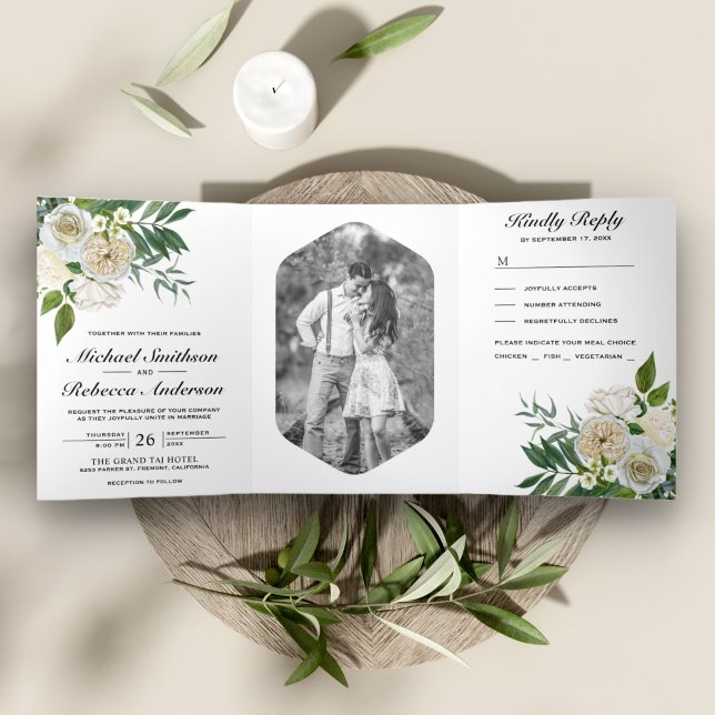 Invitation Trois Volets Rose ivoire Botanique Photo Blanc Floral Mariage (Créateur téléchargé)