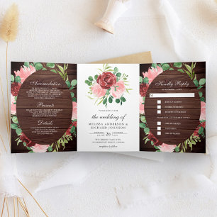 Invitation Trois Volets Rose Pâle et Mariage Floral en Bois de Grange Bour