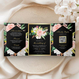 Invitation Trois Volets Rose Pâle Floral Or Code QR Noir Mariage