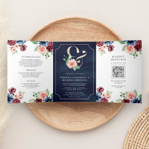 Invitation Trois Volets Rose Pâle Marine Bourgogne Floral Code QR Mariage