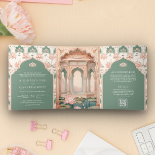 Invitation Trois Volets Rose Pâle Vert Pastel Étang de Lotus Mariage Indie