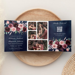 Invitation Trois Volets Rose Poussiéreux Bourgogne Floral Code QR Nuit de 