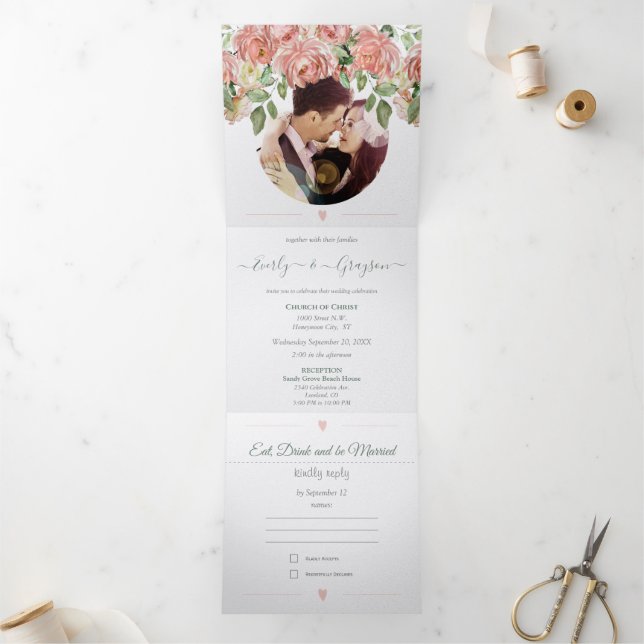 Invitation Trois Volets Rose rose et vert Boho Mariage Floral (Intérieur)