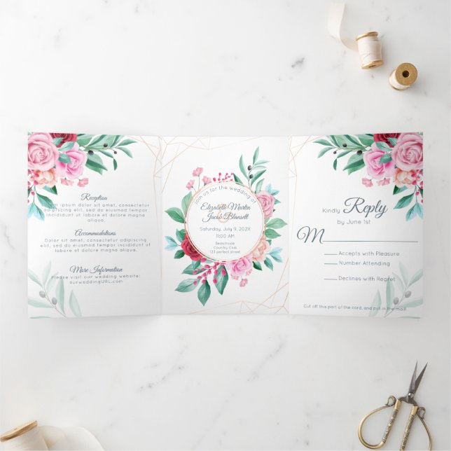 Invitation Trois Volets Rose rose Mariage moderne rose tout en un Mariage (Intérieur)