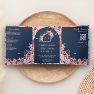 Invitation Trois Volets Rose rouges roses papillon marine de mariage de la