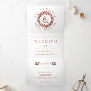 Invitation Trois Volets rose vintage en terre cuite couronne sur mariage b