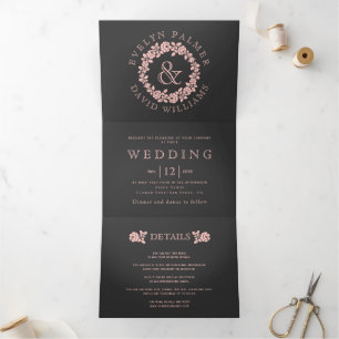 Invitation Trois Volets rose vintage rousse couronne mariage gris fusain