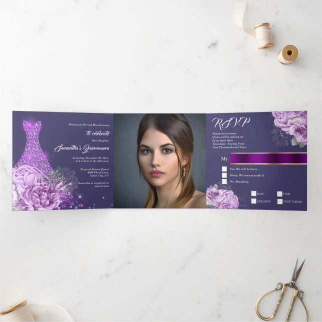 Invitation Trois Volets Rose violet argent floral PHOTO femmes anniversair (Intérieur)