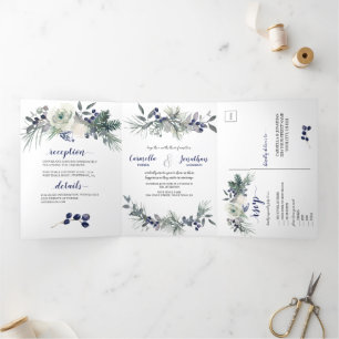 Invitation Trois Volets Roses blanches, Baies Bleues, Aiguilles de pin Mar