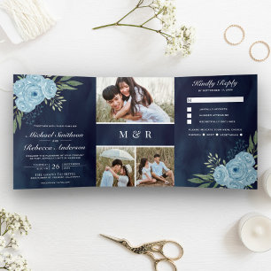 Invitation Trois Volets Roses Bleu Poussiéreux Photo Collage Mariage Bleu 