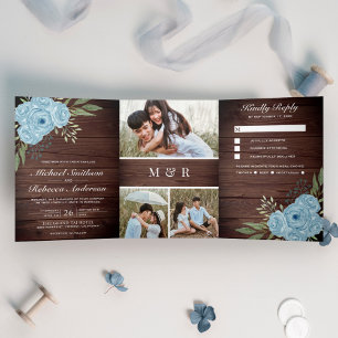 Invitation Trois Volets Roses Bleues Poussiéreuses Photo Collage Mariage B