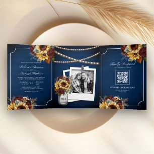 Invitation Trois Volets Roses de Bourgogne Tournesol Bleu Nuit Code QR Mar