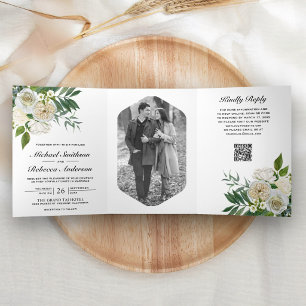 Invitation Trois Volets Roses d'Ivoire Fleur Botanique Photo Code QR Maria