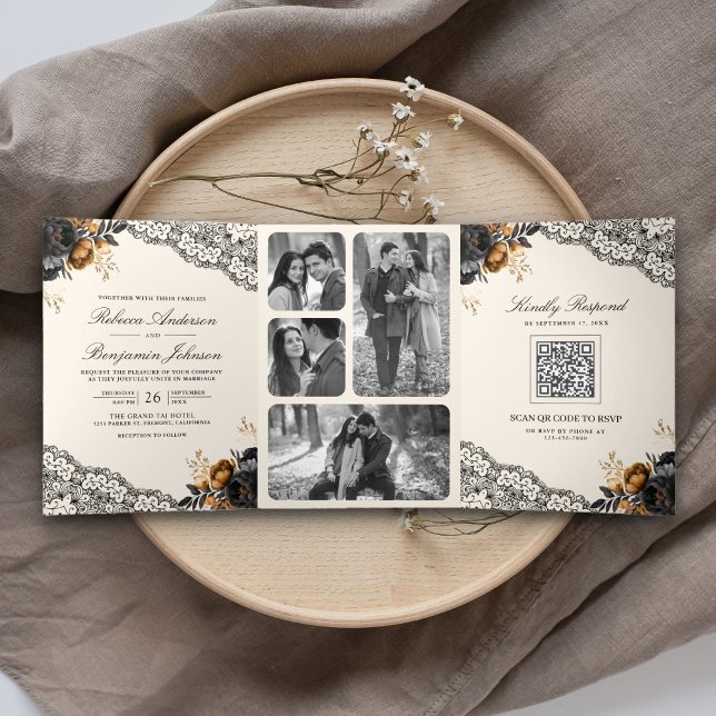 Invitation Trois Volets Roses en or noir dentelle crème code QR gothique m (Créateur téléchargé)