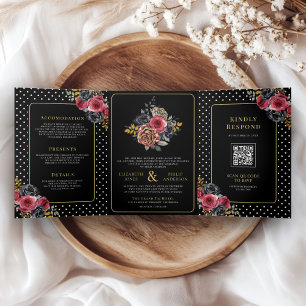 Invitation Trois Volets Roses floraux de Bourgogne tous en un Mariage noir