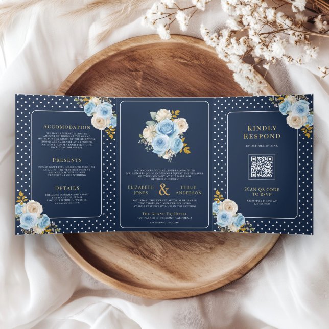 Invitation Trois Volets Roses floraux d'ivoire bleu en un seul Mariage de  (Créateur téléchargé)