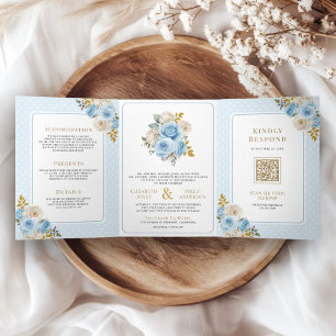 Invitation Trois Volets Roses floraux d'ivoire d'or bleu en un seul Mariag