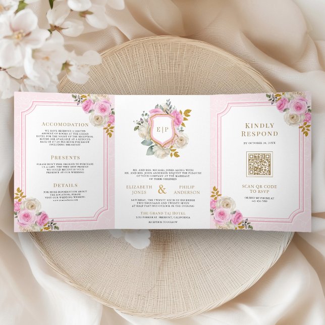 Invitation Trois Volets Roses floraux rose pastel tous en un Mariage de cr (Créateur téléchargé)