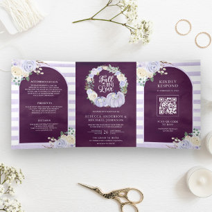 Invitation Trois Volets Roses Lilas Code QR Citrouille Mariage Prune