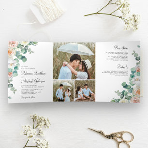 Invitation Trois Volets Roses Pastel Doux Eucalyptus Mariage Collage Photo