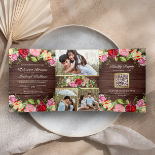 Invitation Trois Volets Roses romantiques roses et rouges Code QR Mariage 