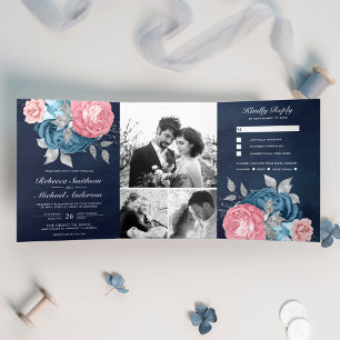Invitation Trois Volets Roses Rose Pâle Fleurs Bleu Marin Floral Mariage