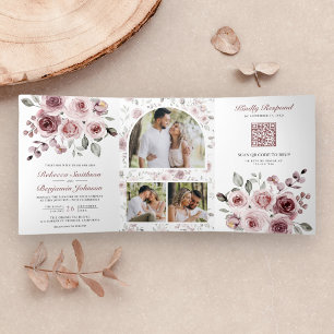 Invitation Trois Volets Roses Rose Poussiéreux Tout en Un Code QR Mariage