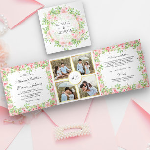 Invitation Trois Volets Roses rose vif Floral Photo Collage Mariage