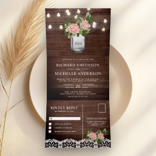 Invitation Trois Volets Roses Roses en pot Mason Jar Fleurs Lumineuses en 
