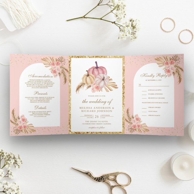 Invitation Trois Volets Roses Roses Roses Roses Roses Boho Pampas Mariage  (Créateur téléchargé)
