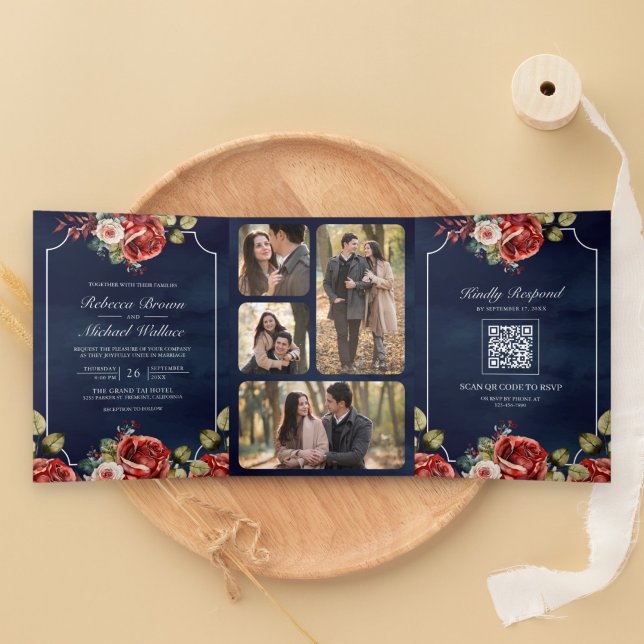 Invitation Trois Volets Roses Rouges Cadre Floral Bleu Nuit Code QR Mariag (Créateur téléchargé)