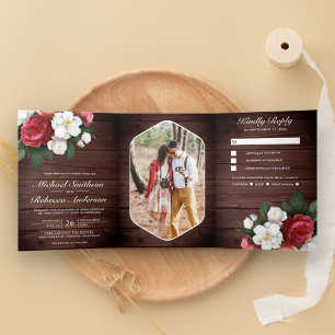 Invitation Trois Volets Roses Rouges et Magnolia Blanc Rustique Bois Maria