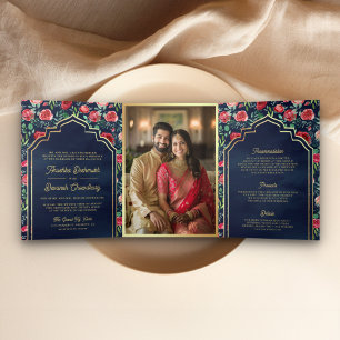 Invitation Trois Volets Roses rouges motif floral bleu marine or indien ma
