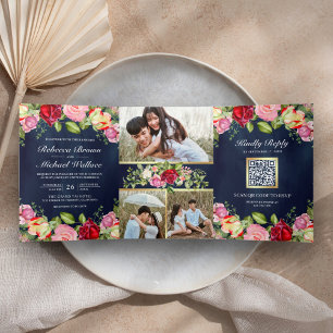 Invitation Trois Volets Roses Rouges Roses Roses Code QR Bleu Nuit Mariage
