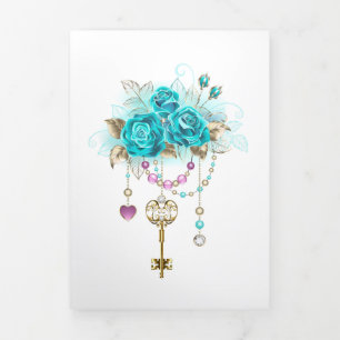 Invitation Trois Volets Roses turquoise avec touches