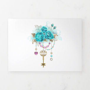 Invitation Trois Volets Roses turquoise avec touches