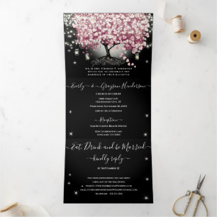 Invitation Trois Volets Rouge Bourgogne & Rose Coeur Feuille Arbre Mariage