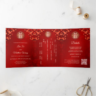 Invitation Trois Volets Rouge cerise en fleurs   Mariage chinois
