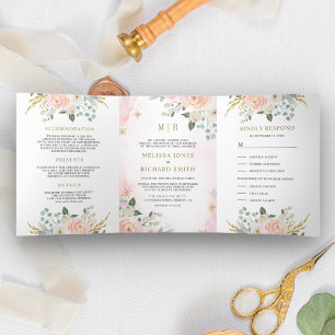 Invitation Trois Volets Rouge Doré Rustique Fleurs Roses Mariage Tout-en-u