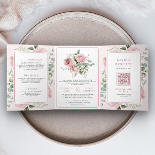 Invitation Trois Volets Rouge Floral Eucalyptus Tout en Un Mariage