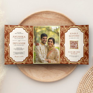Invitation Trois Volets Rouge Rouille Or Dentelle Code QR Photo Mariage In