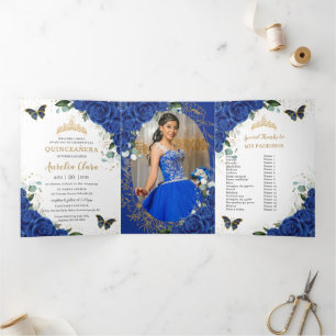 Invitation Trois Volets Royal Blue Floral Butterfly Quinceañera 15 Photos