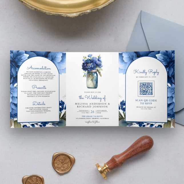 Invitation Trois Volets Royal Blue Floral Mason Jar QR Code Mariage (Créateur téléchargé)