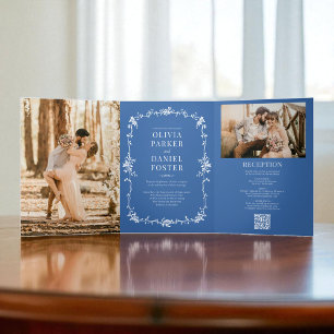 Invitation Trois Volets Royal Blue French Victorian QR Code Photo Mariage